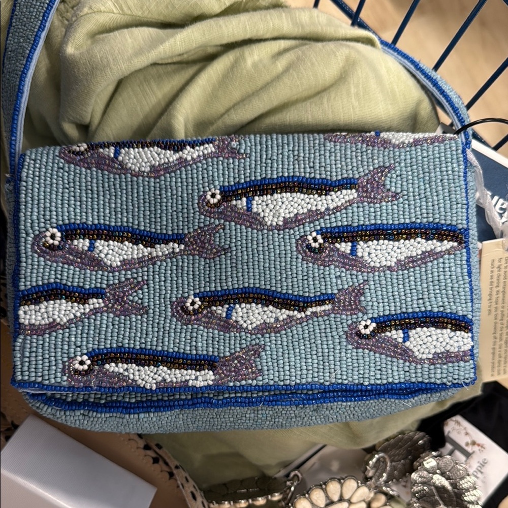 Beaded Fish Design Shoulder Bag - Blue